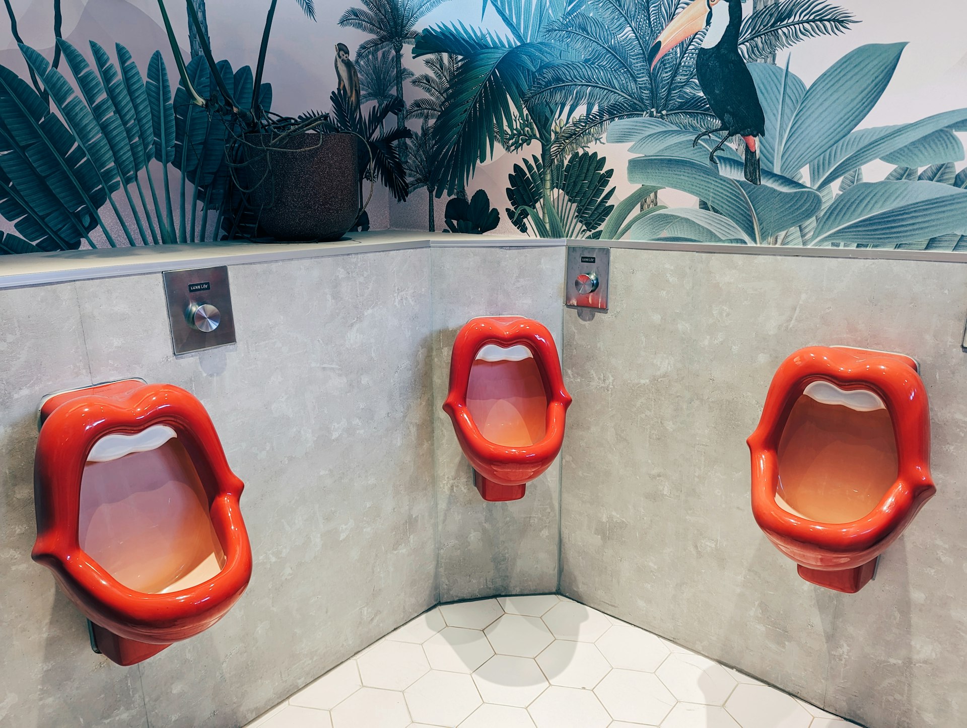 Three urinals in a bathroom with a tropical wallpaper